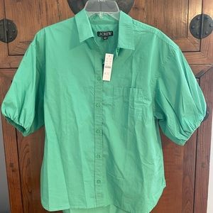 Pretty green 🍀J Crew puff sleeve button up. New, Size 12